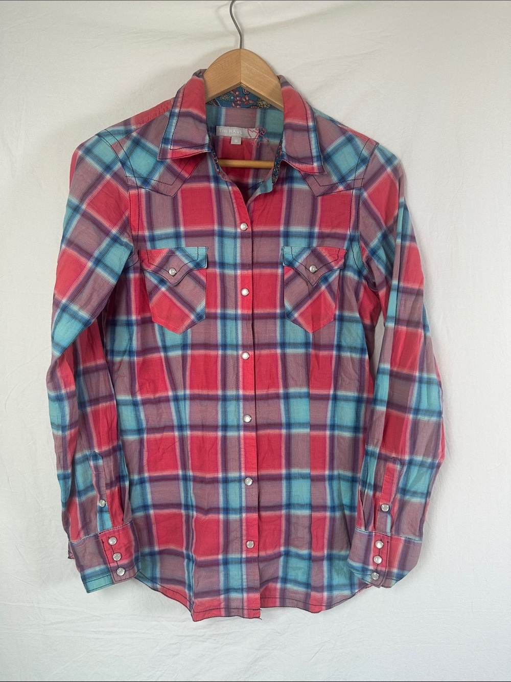 Tin Haul Teal and pink Plaid Western Snap-Front Shirt